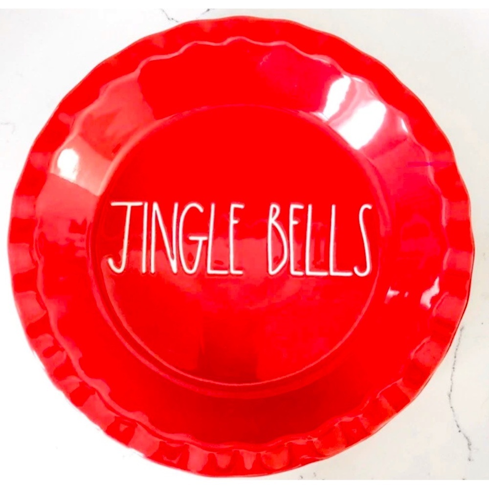 NWT Rae Dunn Red Ceramic Christmas Seasonal Holiday Pie Plate ‘JINGLE BELLS’
